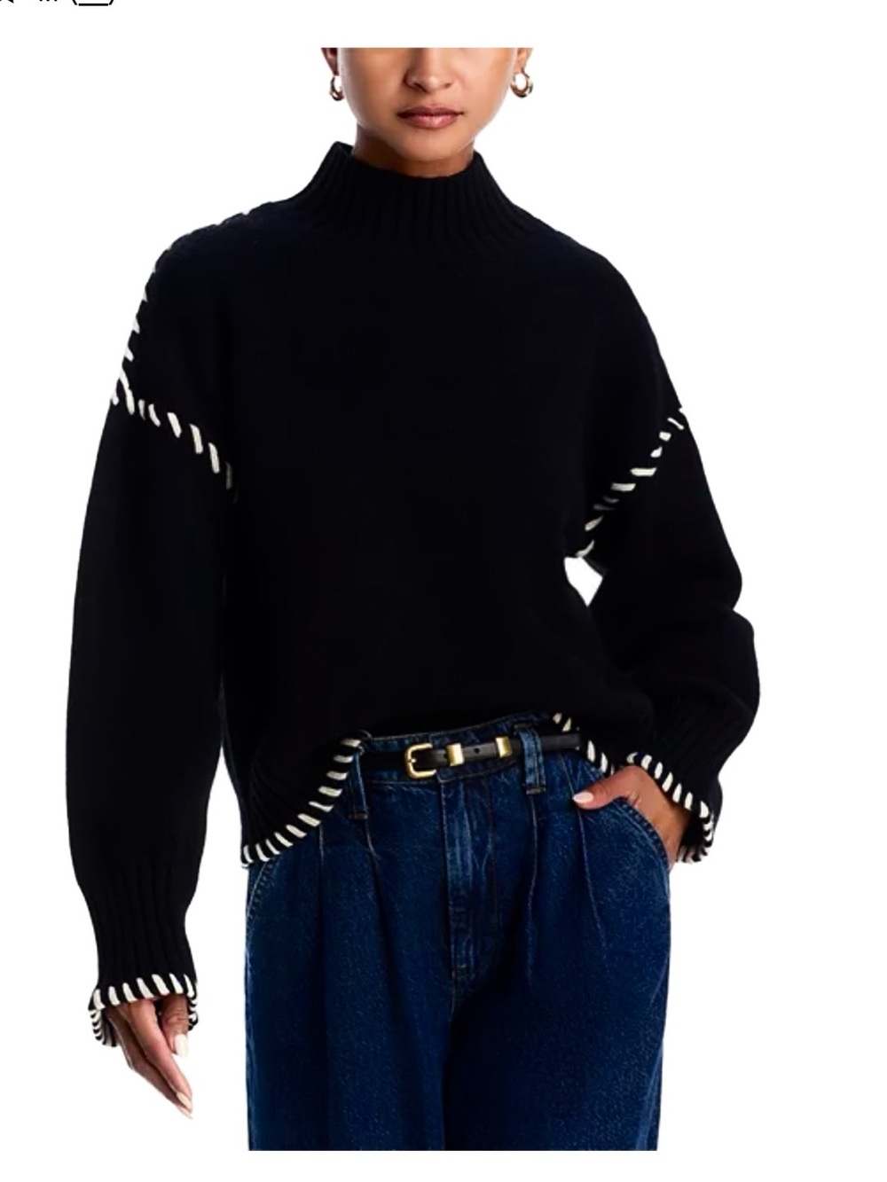 En Saison Black Mock Turtleneck Sweater with White Contrast Stitching